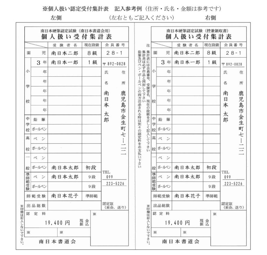 個人扱い認定受付集計表 記入参考例